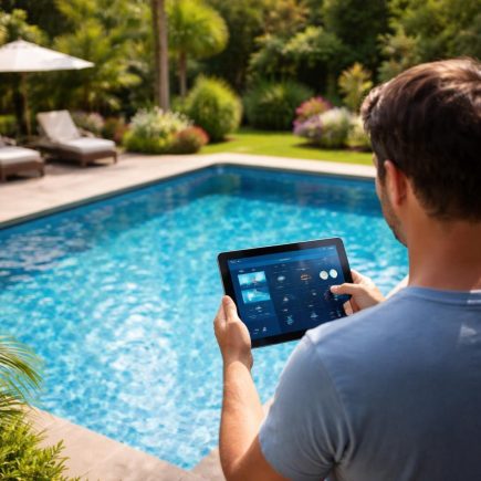 piscine-bleue-personne-tablette-jardin