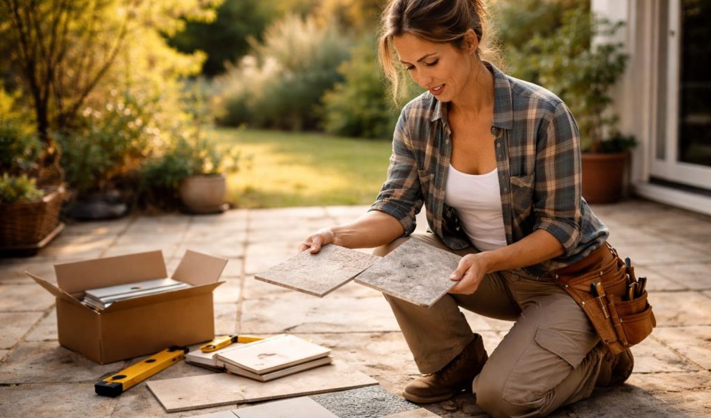 femme-bricolage-terrasse-carrelage-jardin