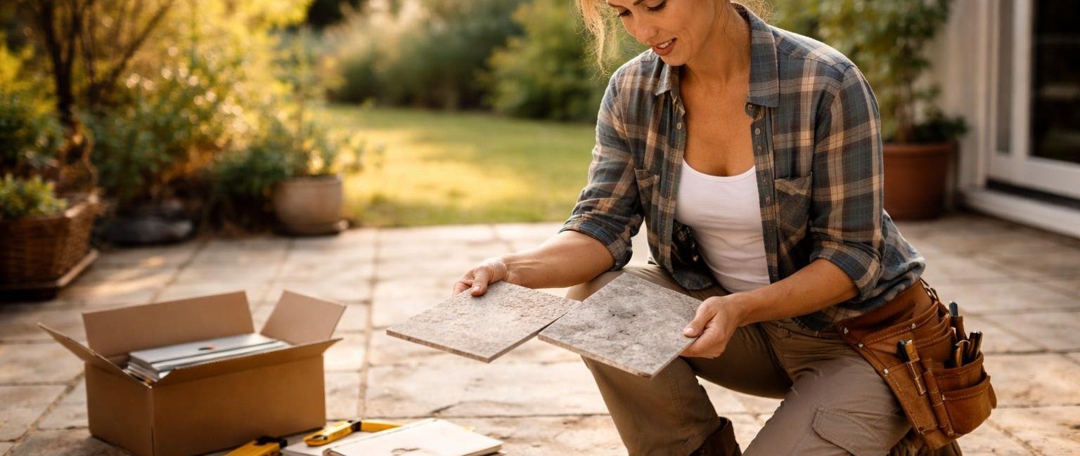 femme-bricolage-terrasse-carrelage-jardin