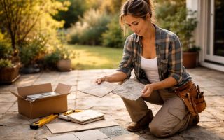 femme-bricolage-terrasse-carrelage-jardin