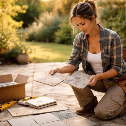 femme-bricolage-terrasse-carrelage-jardin